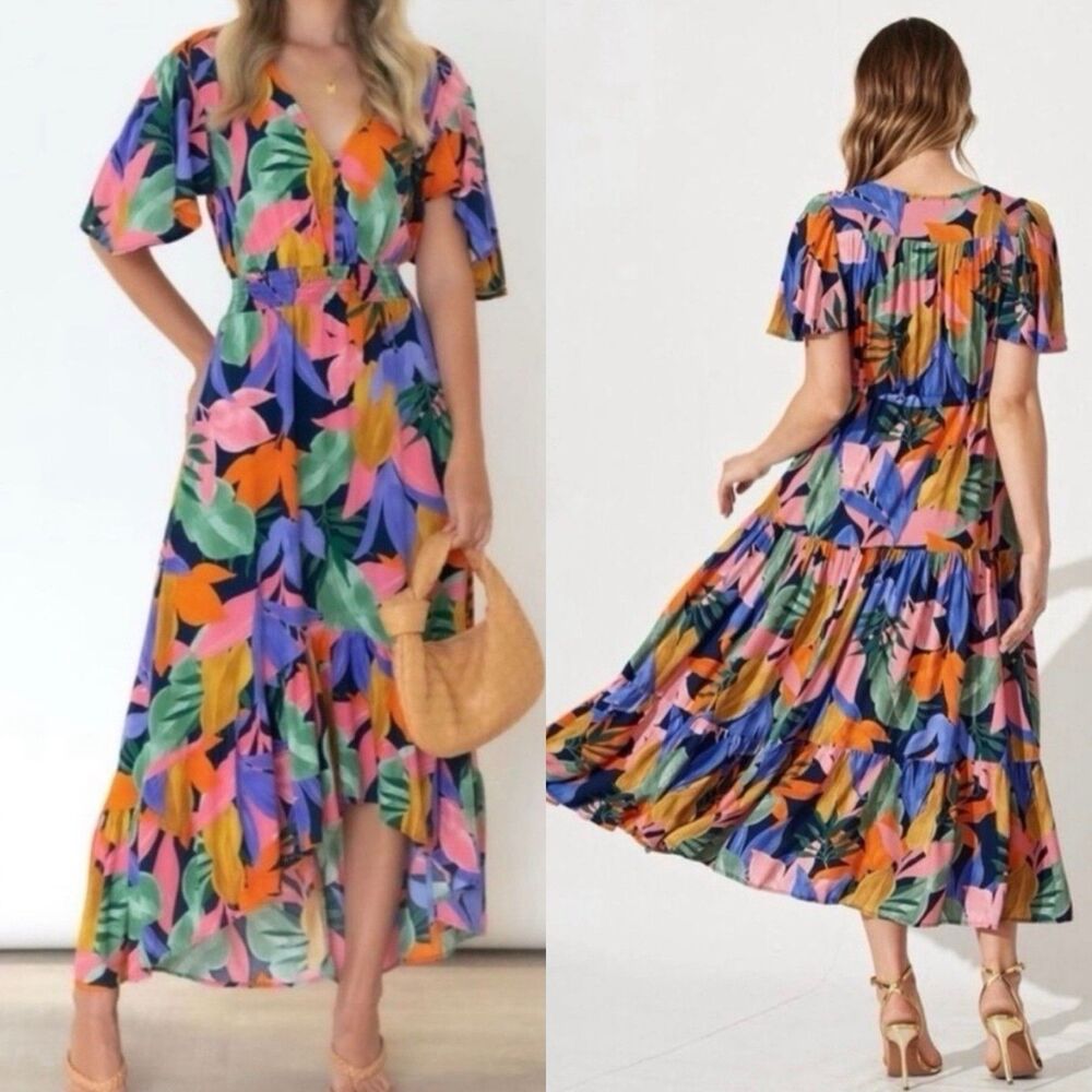 Abel The Label Tropical Boho Floral High Low Maxi Dress Smocked Waist Sz S Vacay